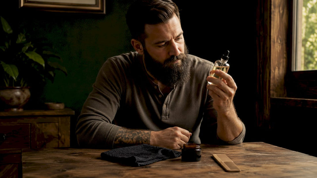 Man inspecting hypoallergenic beard oil bottle at vanity