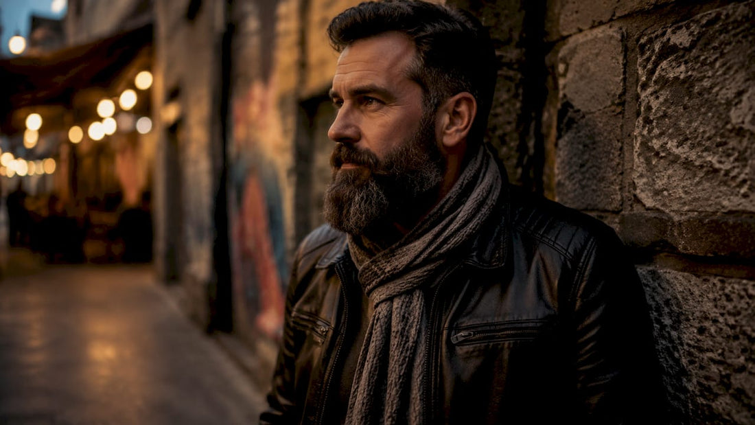 Side profile of bearded man feeling wind outdoors