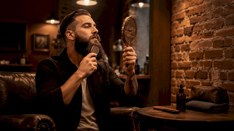 Man brushing beard in bathroom mirror