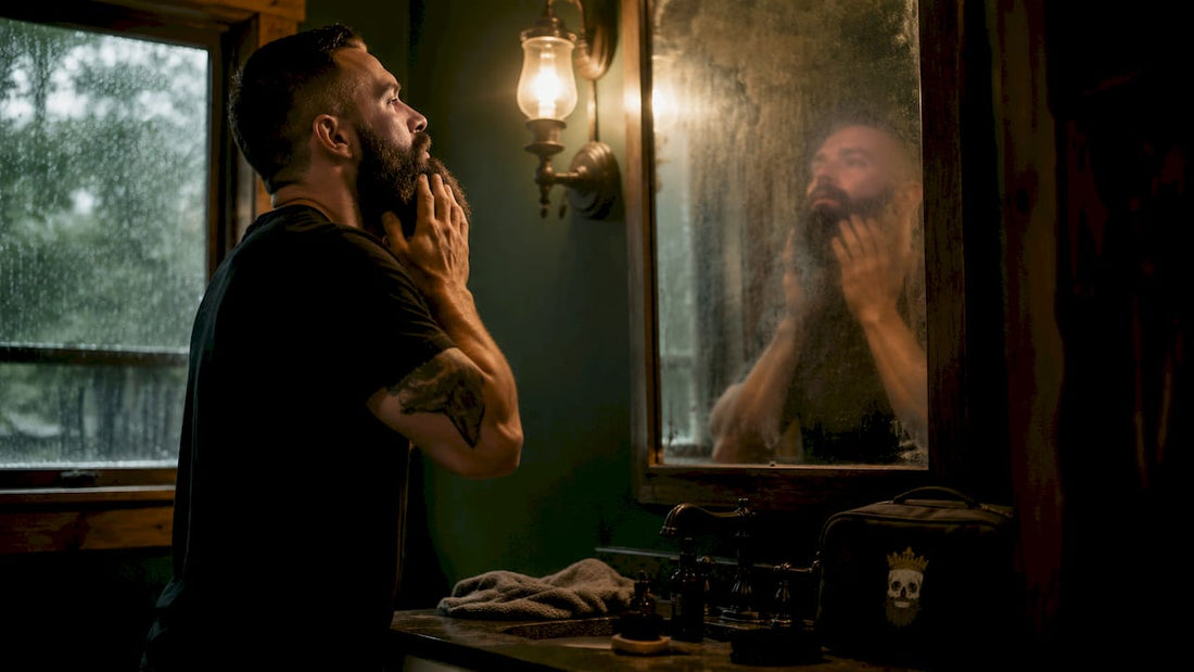 Man applying beard oil in bathroom