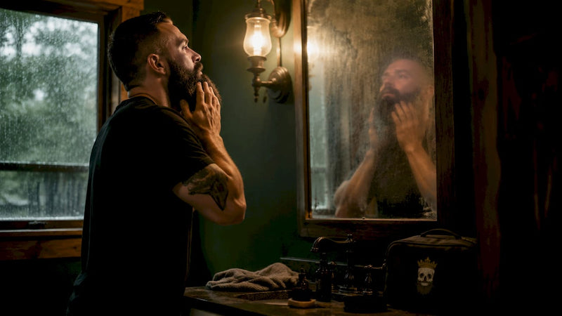 Man applying beard oil in bathroom