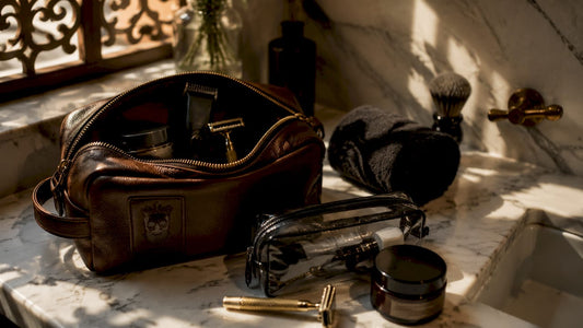 Compact men's grooming kit essentials on bathroom counter