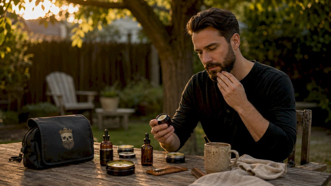 Man testing beard grooming products at home table
