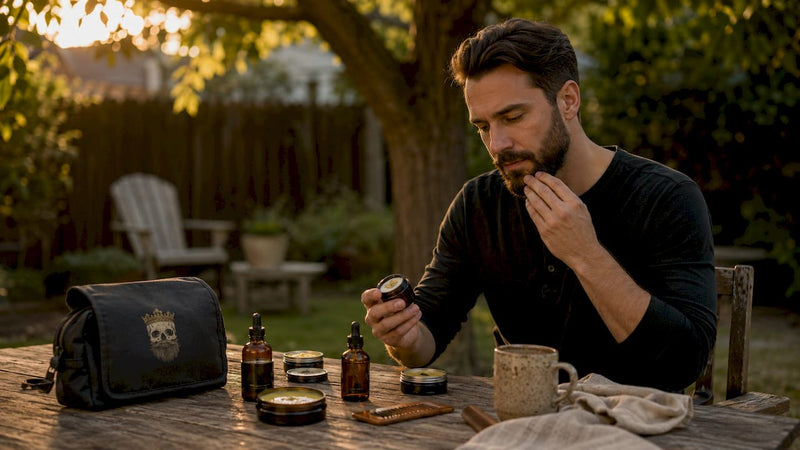 Man testing beard grooming products at home table