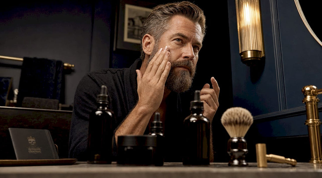 Man applying luxury grooming serum in bathroom