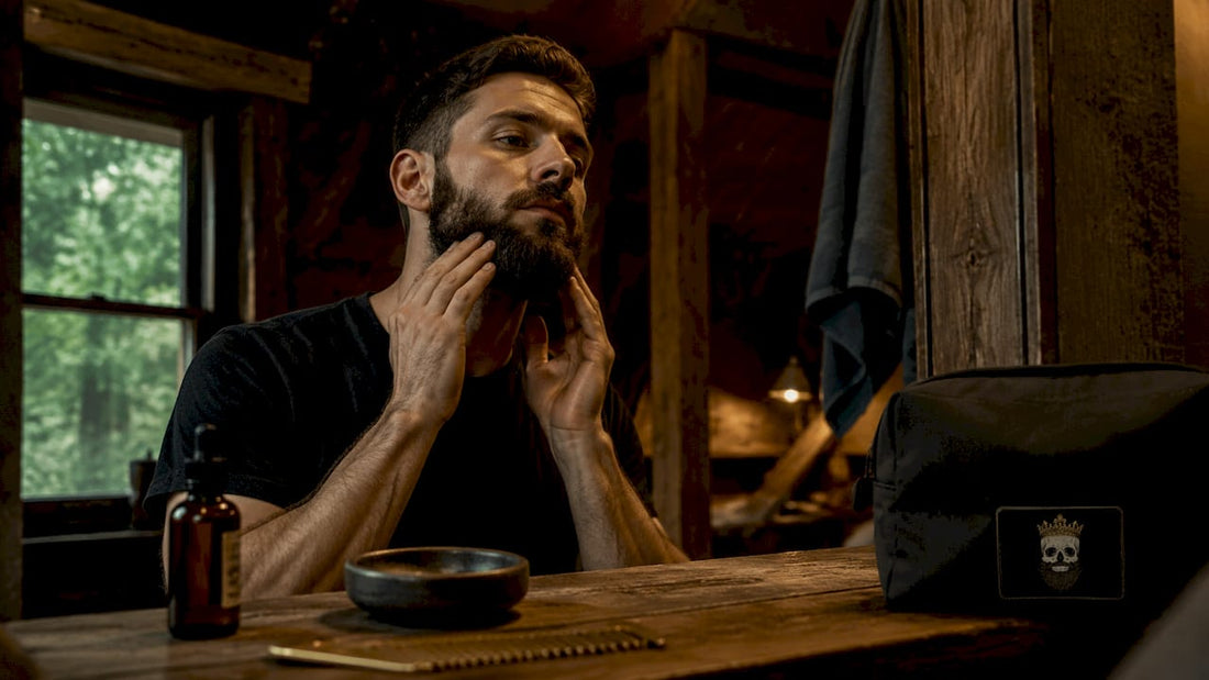 Man applying jojoba oil to beard in bathroom