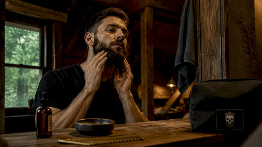 Man applying jojoba oil to beard in bathroom