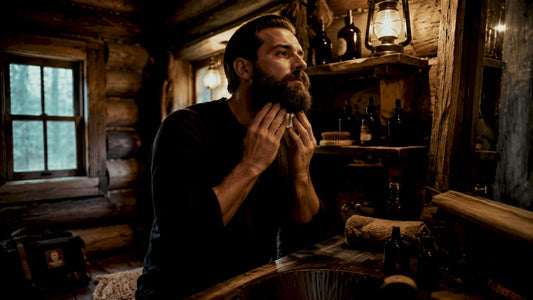 Man applying beard oil in rustic bathroom