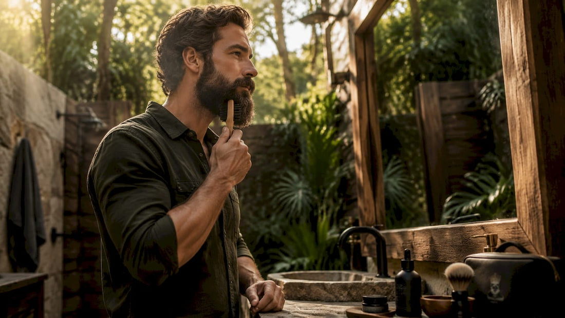 Man brushing coarse beard in rustic bathroom