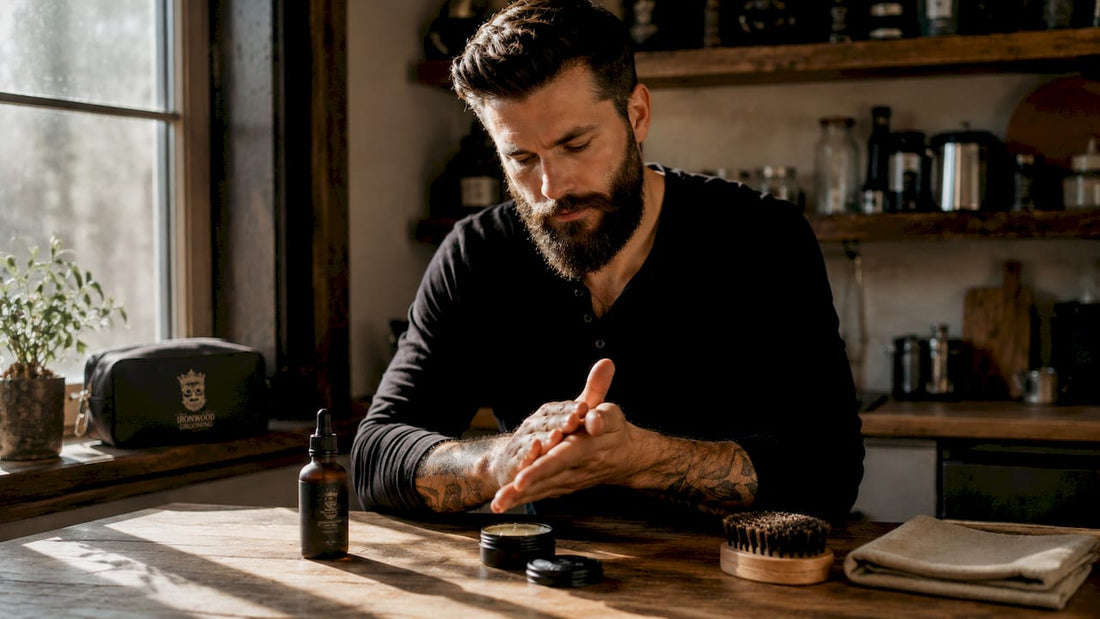 Man warming beeswax beard balm in hands