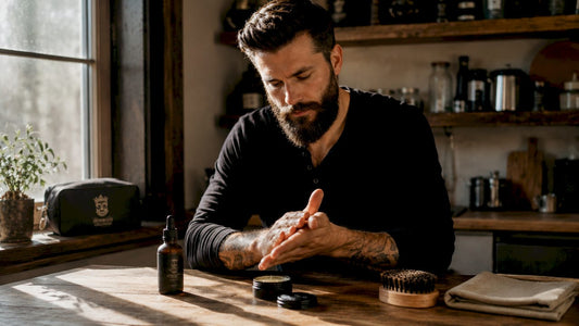 Man warming beeswax beard balm in hands
