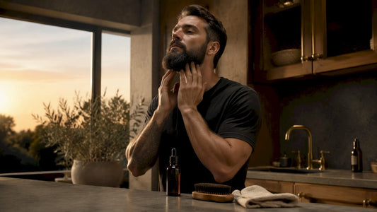Man applying oil to coarse beard in bathroom
