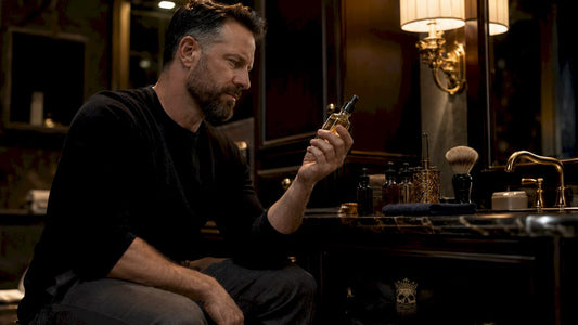 Man examining luxury grooming serum bottle