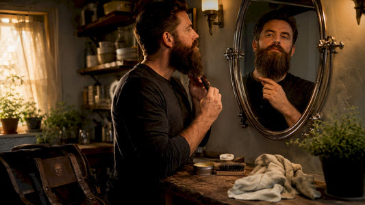 Man inspecting wiry beard in bathroom mirror