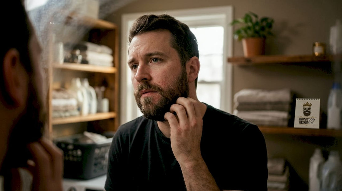 Man scratching itchy skin under beard