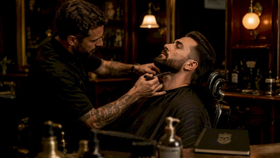 Barber shaping client's beard in barbershop