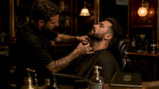 Barber shaping client's beard in barbershop
