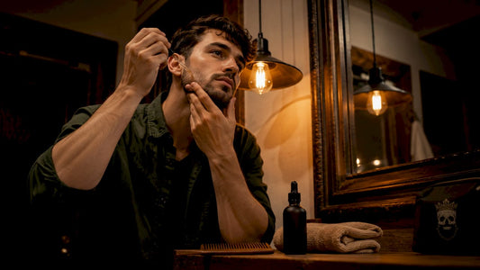 Man gently applying beard oil at home bathroom