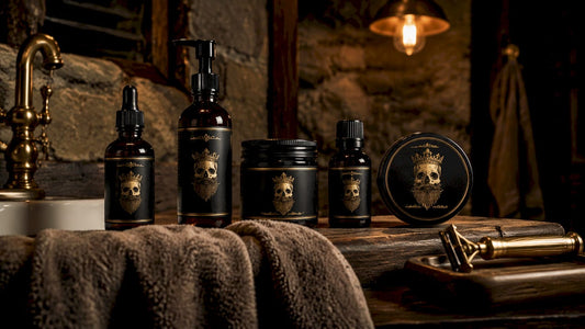 Overhead view of men's grooming products on wooden bathroom table