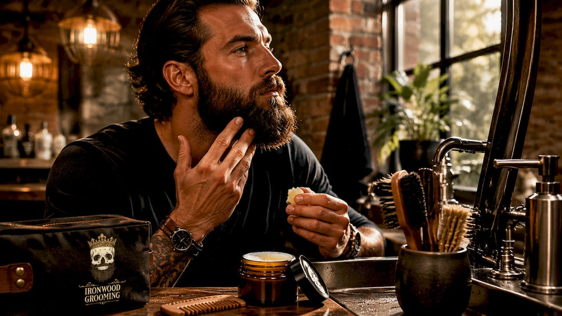 Man applying vegan beard balm at bathroom vanity