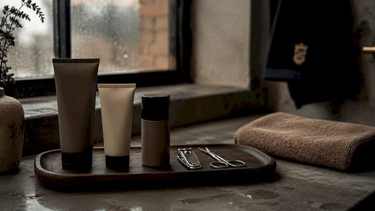 Minimalist men's grooming products neatly arranged