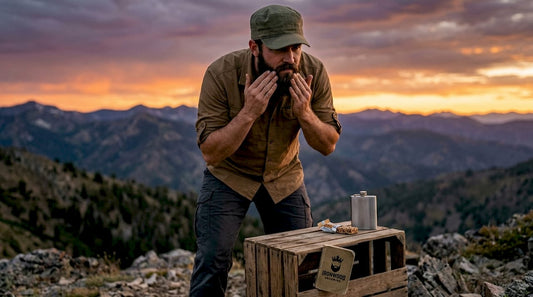 Man outdoors applying beard balm to beard