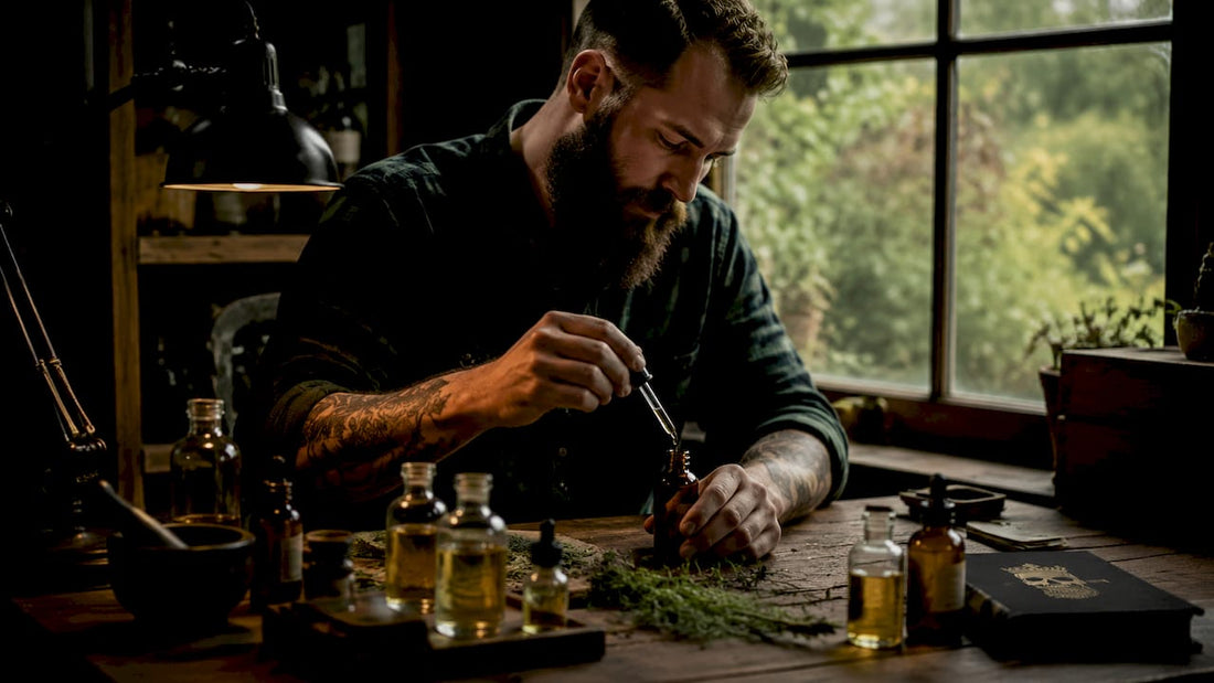 Man mixing natural vegan beard oil ingredients