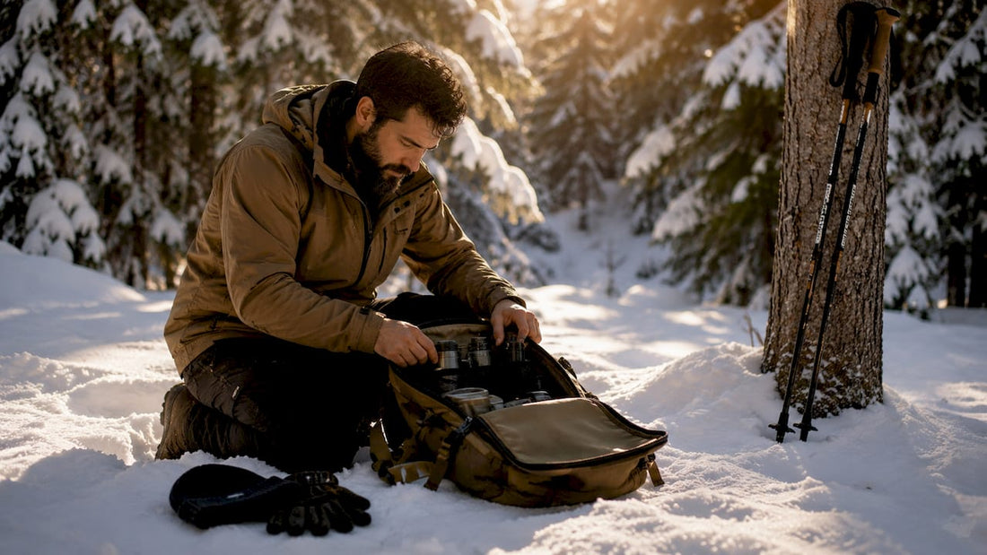 Adventurer unpacking grooming kit outdoors