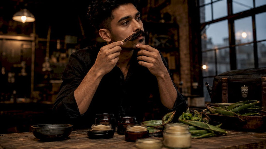 Man applying vegan mustache wax at home