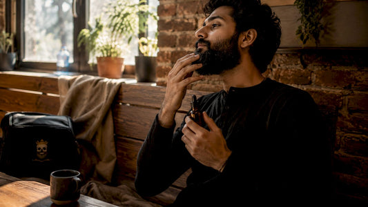 Man applying beard oil to curly beard