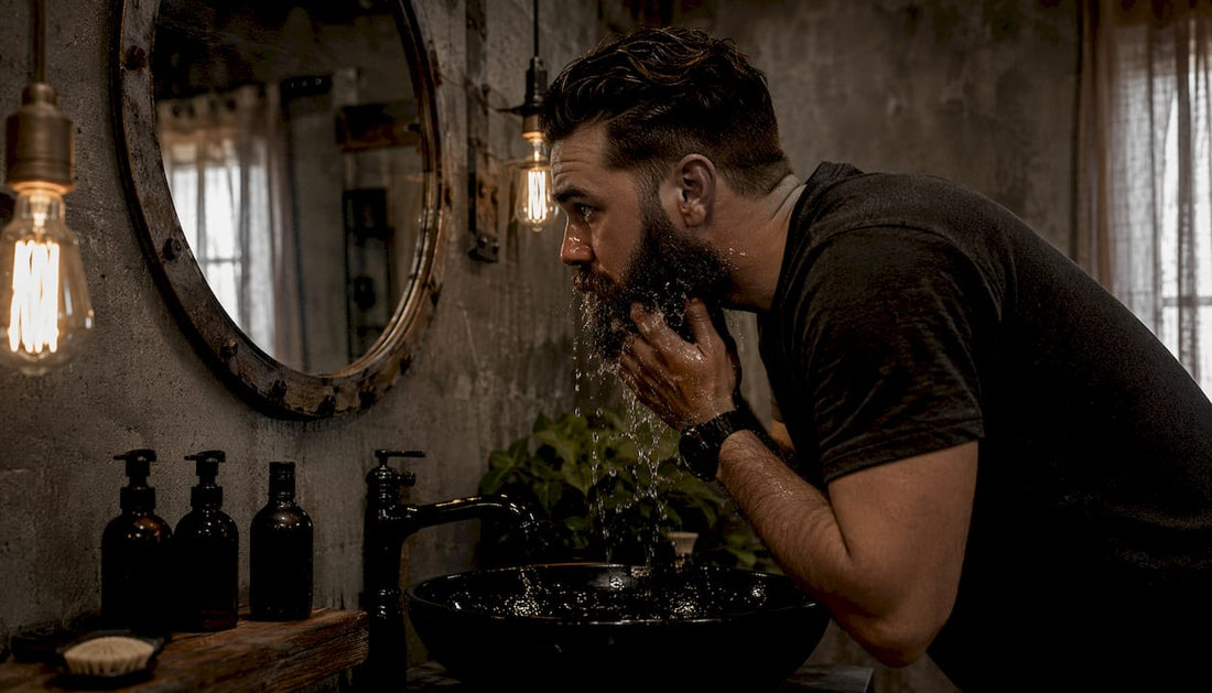 Man washing beard in natural bathroom