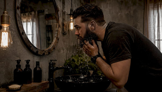Man washing beard in natural bathroom