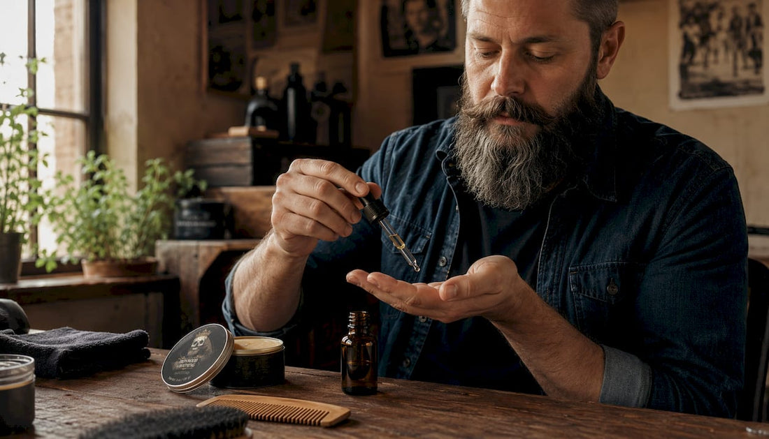 Man applying beard oil at bathroom vanity