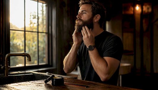 Man applying beard oil in bathroom