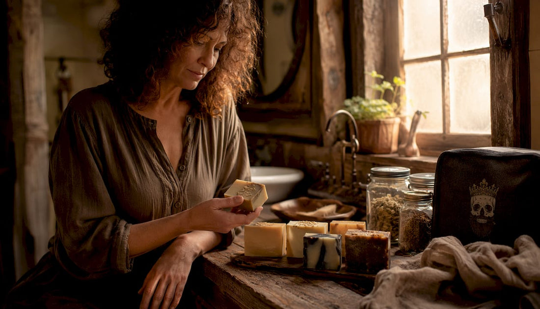 Woman examining artisan soaps in cozy bathroom