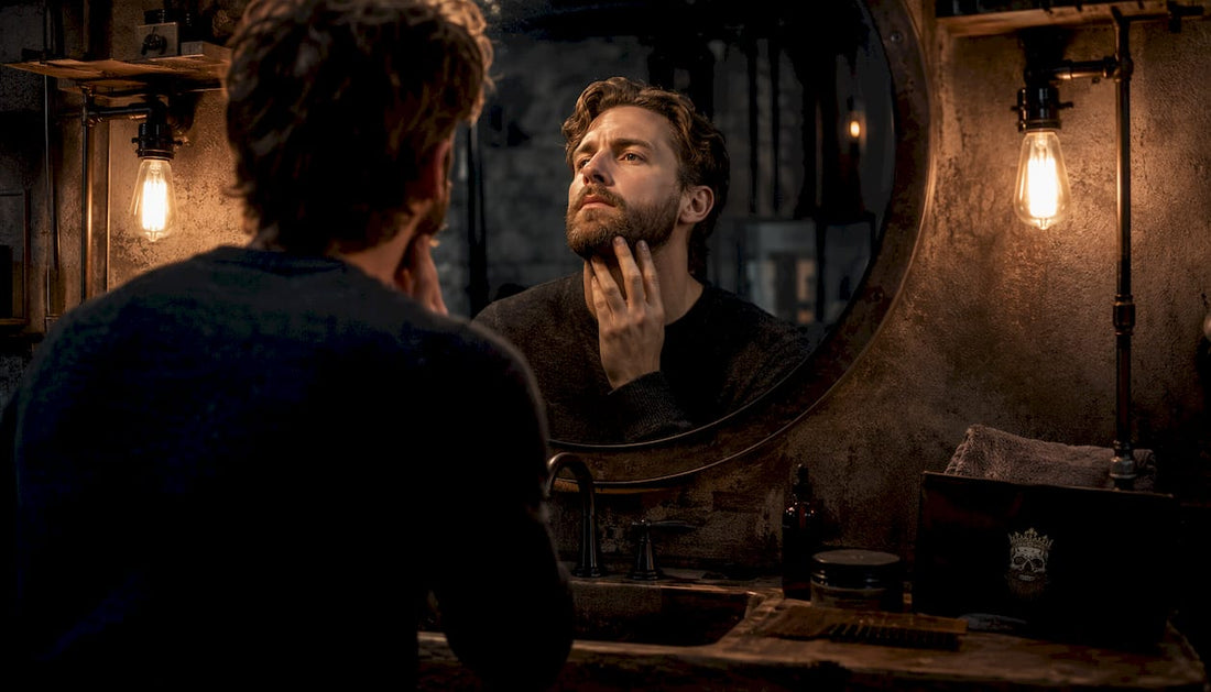 Man examining patchy beard in bathroom mirror