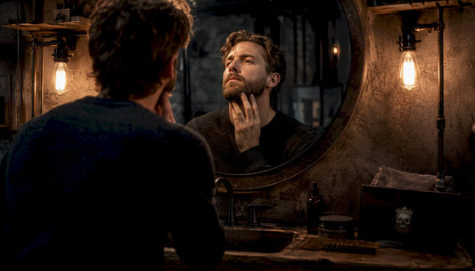 Man examining patchy beard in bathroom mirror