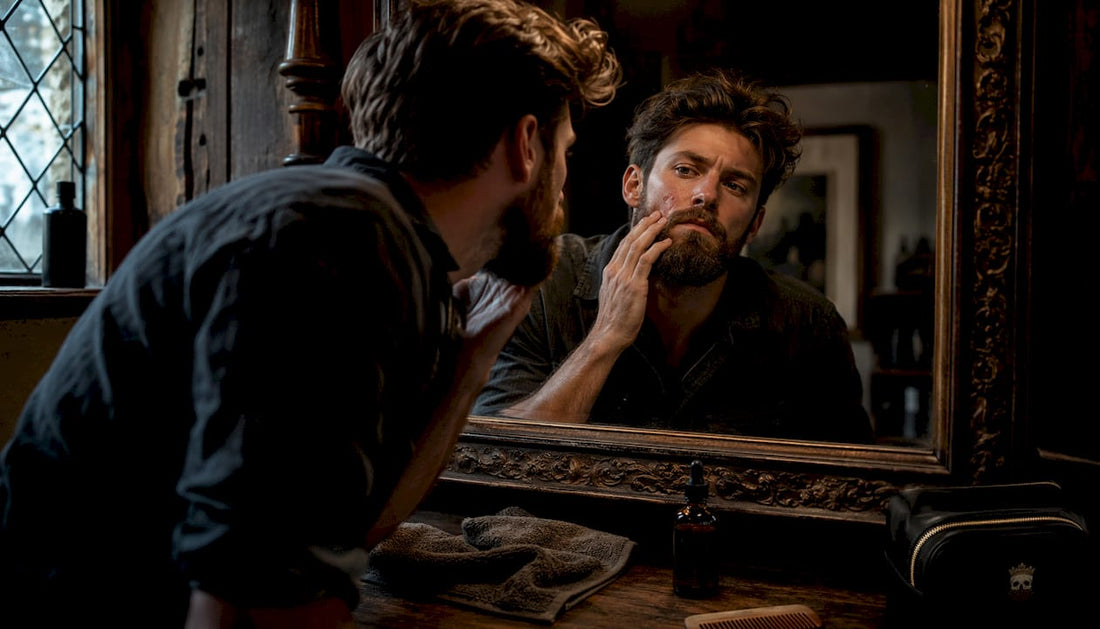 Man inspecting beard skin in bathroom mirror