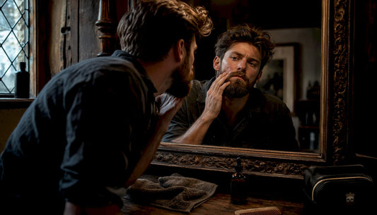 Man inspecting beard skin in bathroom mirror