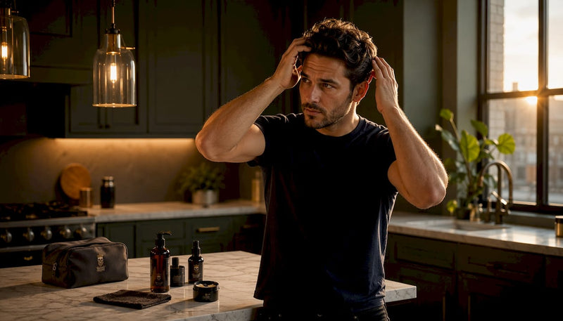 Man applying pomade in bathroom mirror