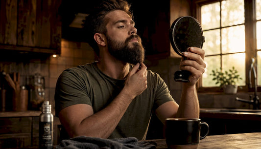 Man inspecting tangled beard in morning light