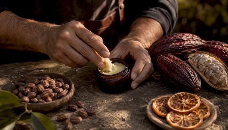 Hands holding jar of beard balm with natural ingredients