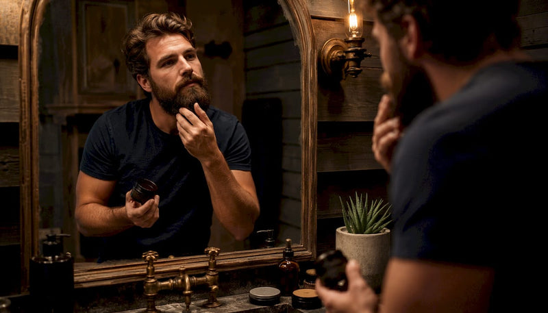 Man applying natural grooming oil in bathroom