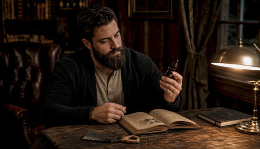Man grooming coarse and thick beard indoors