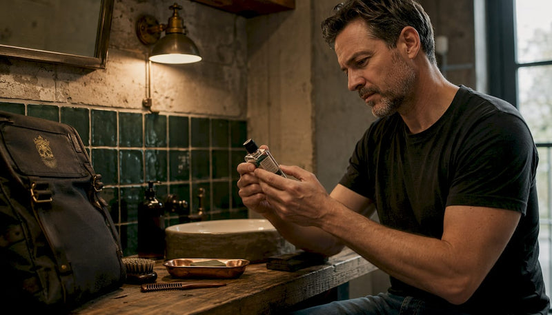 Man inspecting grooming product ingredient label
