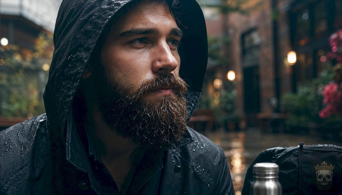Side profile of man with wet beard in rain