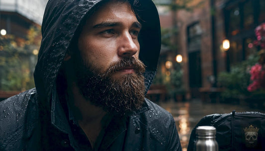 Side profile of man with wet beard in rain