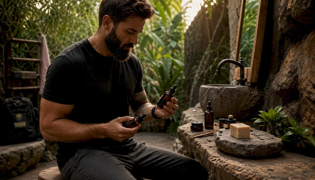 Man selecting men's grooming products at bathroom counter