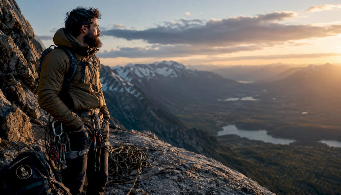 Bearded climber on frosty high-altitude mountain ridge