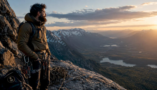 Bearded climber on frosty high-altitude mountain ridge